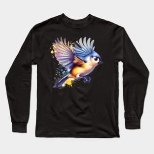 Watercolor Flying Tufted Titmouse Long Sleeve T-Shirt